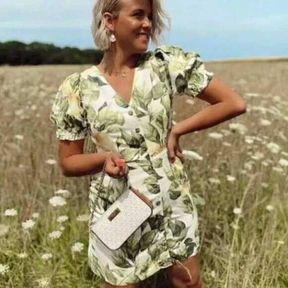 H&M Linen Blend Mini Dress S Lemon Leaf Print Cotton Blogger Fav Summer Vacation - Picture 5 of 14